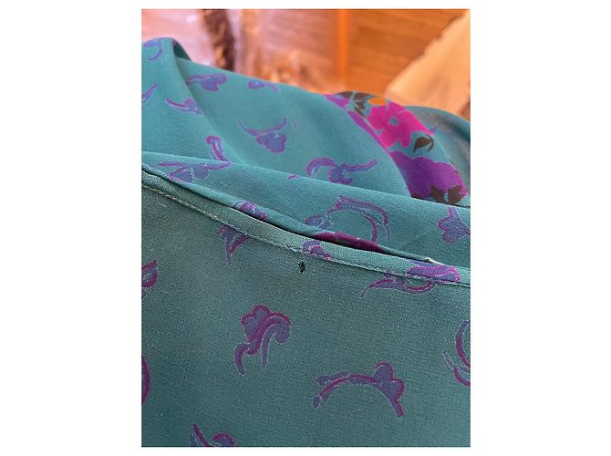 Sublime ensemble Japonisant vintage 70s Guy Laroche soie bleu canard, violet, miel Moutarde Vert foncé - vue 7