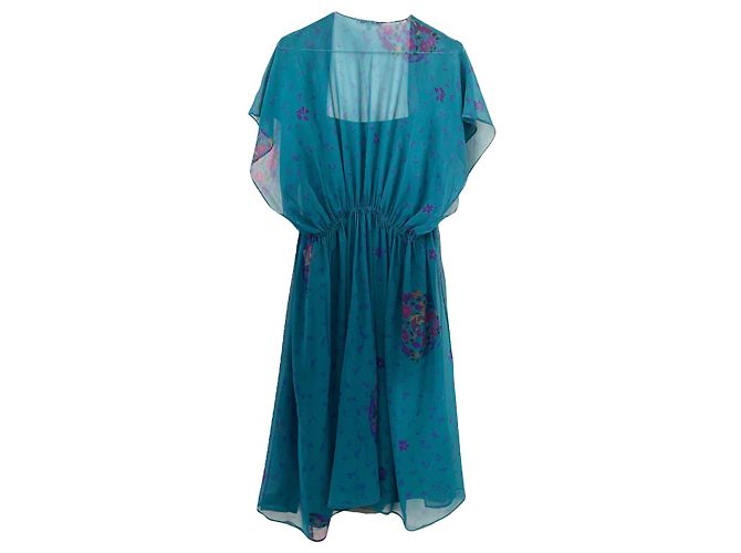 Sublime ensemble Japonisant vintage 70s Guy Laroche soie bleu canard, violet, miel Moutarde Vert foncé - vue 8