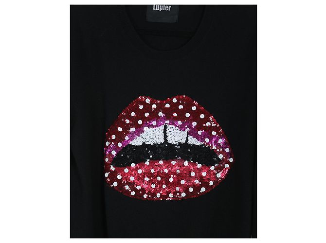 Markus Lupfer Pullover aus schwarzer Merinowolle mit paillettenbesetzten Lippen - Ansicht 3