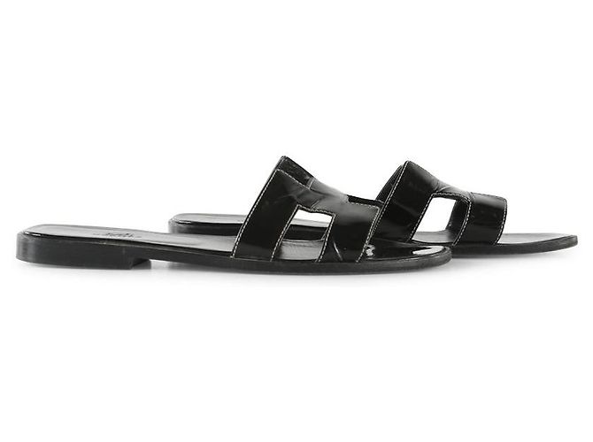 Hermès Hermes Schwarzes Lackleder Oran Flat Slides - vista 2