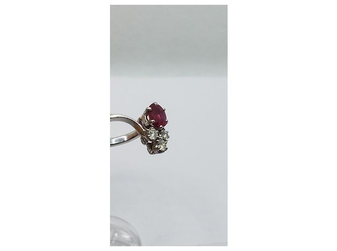 inconnue Anello duchessa in oro 18k e platino 750 + RUBINO e  3 Diamants 0.32 Cts Argento Rosso - vista 10