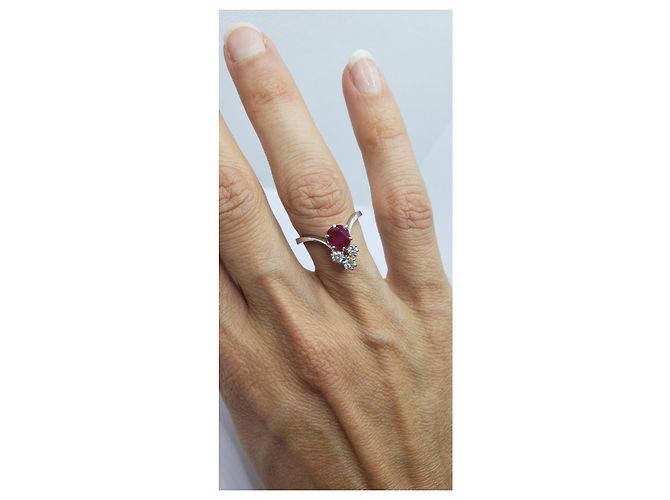 inconnue Anello duchessa in oro 18k e platino 750 + RUBINO e  3 Diamants 0.32 Cts Argento Rosso - vista 11
