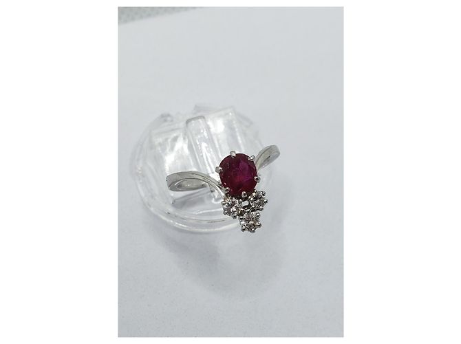 inconnue Anello duchessa in oro 18k e platino 750 + RUBINO e  3 Diamants 0.32 Cts Argento Rosso - vista 2