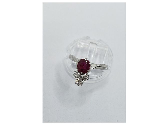 inconnue Anello duchessa in oro 18k e platino 750 + RUBINO e  3 Diamants 0.32 Cts Argento Rosso - vista 3