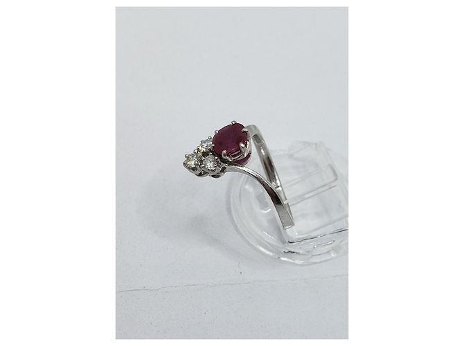 inconnue Anello duchessa in oro 18k e platino 750 + RUBINO e  3 Diamants 0.32 Cts Argento Rosso - vista 5