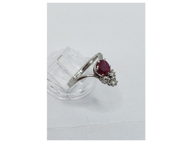 inconnue Anello duchessa in oro 18k e platino 750 + RUBINO e  3 Diamants 0.32 Cts Argento Rosso - vista 6