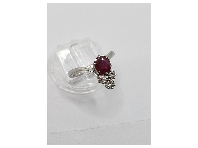 inconnue Anello duchessa in oro 18k e platino 750 + RUBINO e  3 Diamants 0.32 Cts Argento Rosso - vista 7