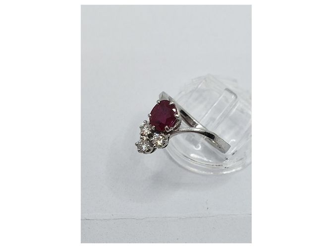 inconnue Anello duchessa in oro 18k e platino 750 + RUBINO e  3 Diamants 0.32 Cts Argento Rosso - vista 8