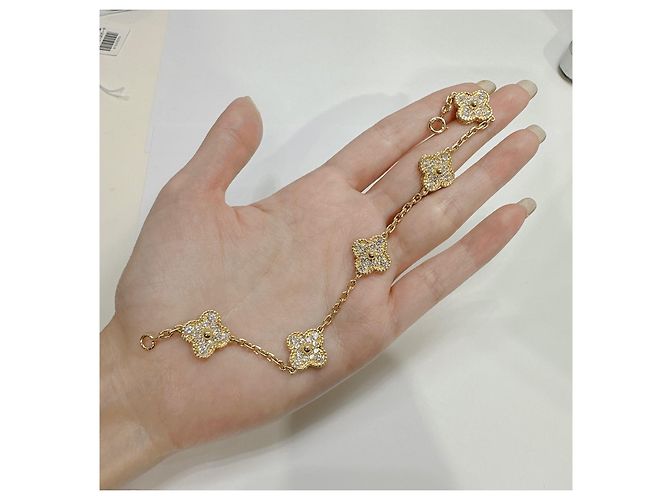 Van Cleef & Arpels Bracciale vintage Alhambra, 5 motivi con diamanti in oro giallo Gold hardware - vista 14