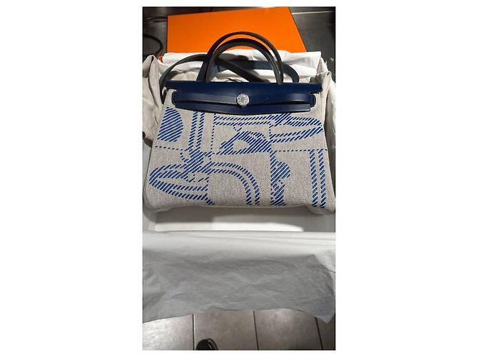 Borsa a mano Hermès Herbag Blu Grigio Pelle Cotone - vista 2