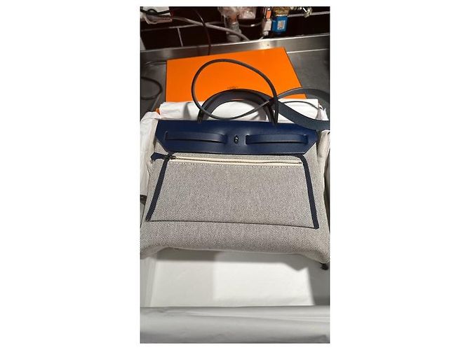 Borsa a mano Hermès Herbag Blu Grigio Pelle Cotone - vista 6