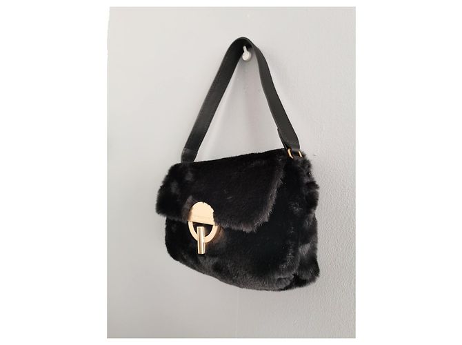 Borsa Moon Vanessa Bruno in ecopelliccia nera e pelle Nero Gold hardware - vista 4