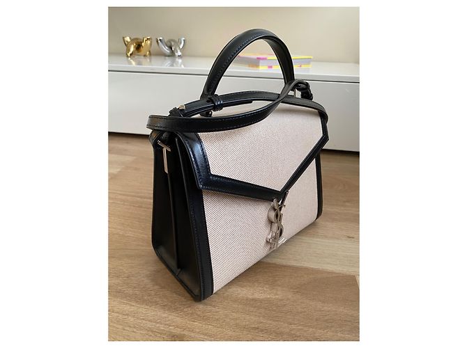 Saint Laurent Cassandra Borsa a spalla in Tela di cotone e Pelle nera - vista 11