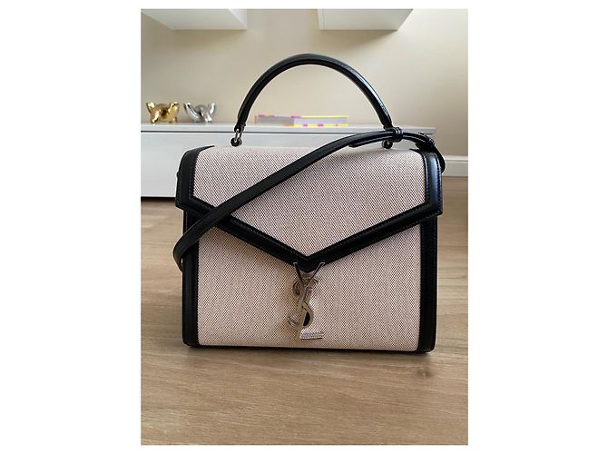 Saint Laurent Cassandra Borsa a spalla in Tela di cotone e Pelle nera - vista 12