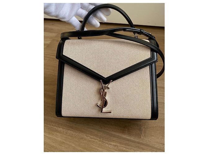 Saint Laurent Cassandra Borsa a spalla in Tela di cotone e Pelle nera - vista 13