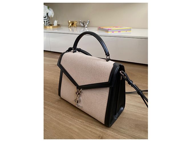 Saint Laurent Cassandra Borsa a spalla in Tela di cotone e Pelle nera - vista 14