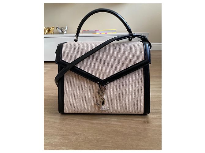 Saint Laurent Cassandra Borsa a spalla in Tela di cotone e Pelle nera - vista 15