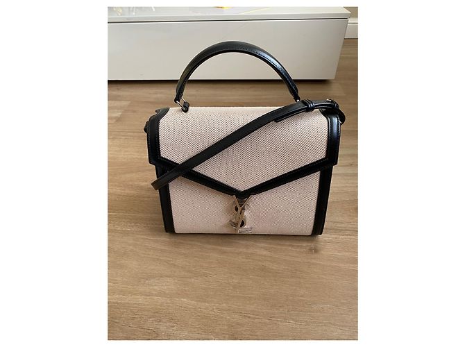 Saint Laurent Cassandra Borsa a spalla in Tela di cotone e Pelle nera - vista 16