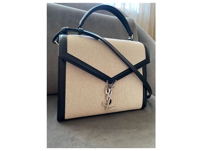 Saint Laurent Cassandra Borsa a spalla in Tela di cotone e Pelle nera - vista 2