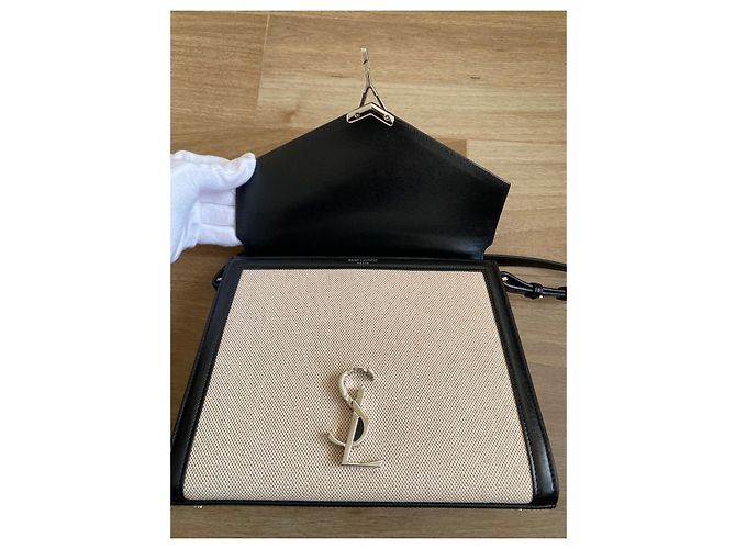Saint Laurent Cassandra Borsa a spalla in Tela di cotone e Pelle nera - vista 6