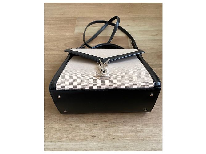 Saint Laurent Cassandra Borsa a spalla in Tela di cotone e Pelle nera - vista 9