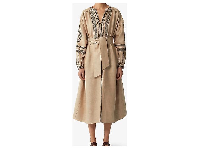 Soeur Promesse besticktes Leinen Midikleid Beige - Ansicht 3
