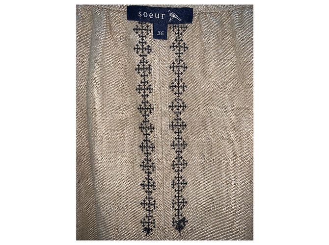 Soeur Promesse besticktes Leinen Midikleid Beige - Ansicht 6