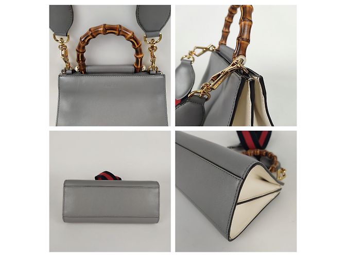 Borsa a spalla Gucci Bamboo Nymphaea in pelle grigia - vista 4