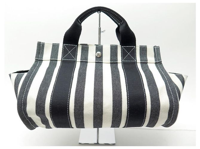 Hermès NUOVA BORSA A MANO HERMES CANNES MM CABAS IN COTONE BIANCO E NERO NUOVA BORSA A MANO - vista 2