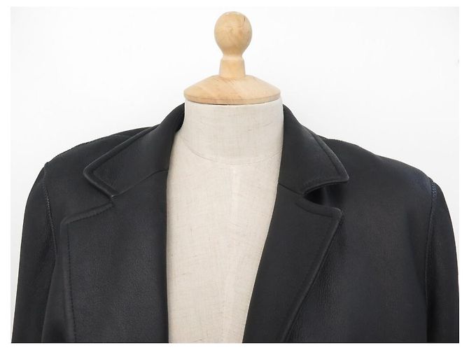 Hermès MANTEAU HERMES LONG DOUBLE EN CUIR D'AGNEAU NOIRBLACK LEATHER COAT JACKET - vue 2