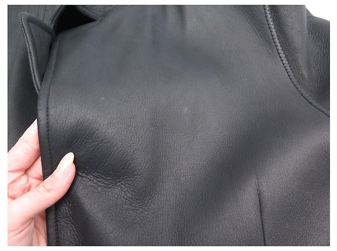 Hermès MANTEAU HERMES LONG DOUBLE EN CUIR D'AGNEAU NOIRBLACK LEATHER COAT JACKET - vue 8