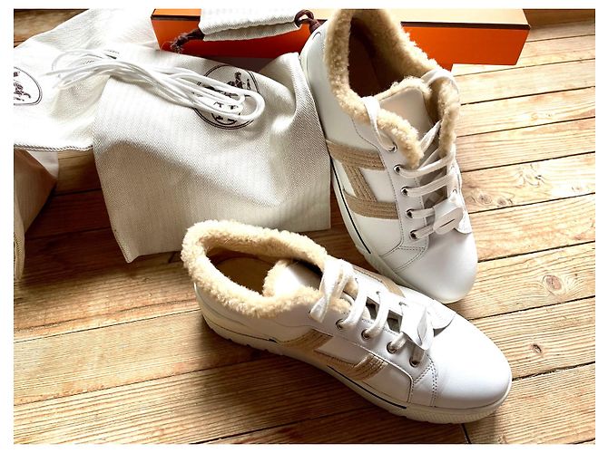 Hermès Dare Sneaker Weiß Beige Leder Lammfell - Ansicht 7