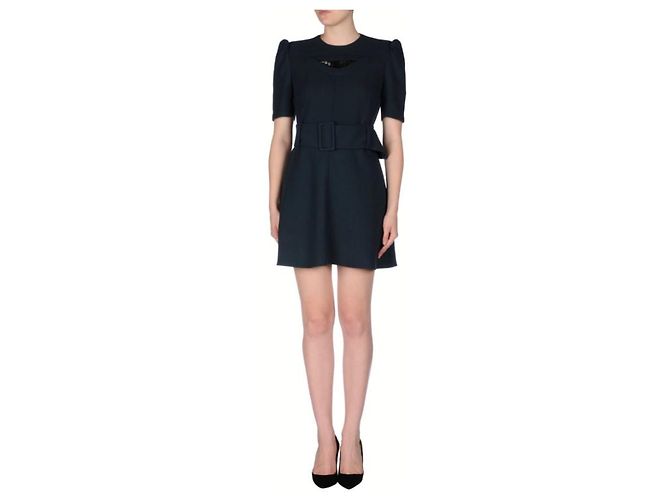 Vestido Carven de lã azul com cinto e pérolas pretas - vista 2