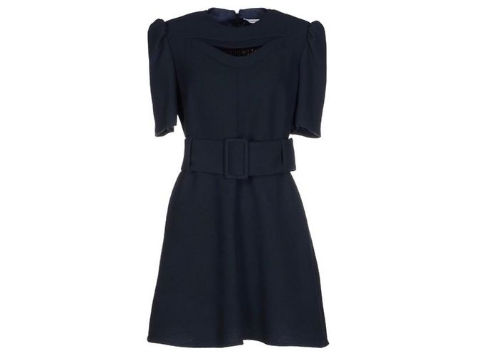 Vestido Carven de lã azul com cinto e pérolas pretas - vista 3