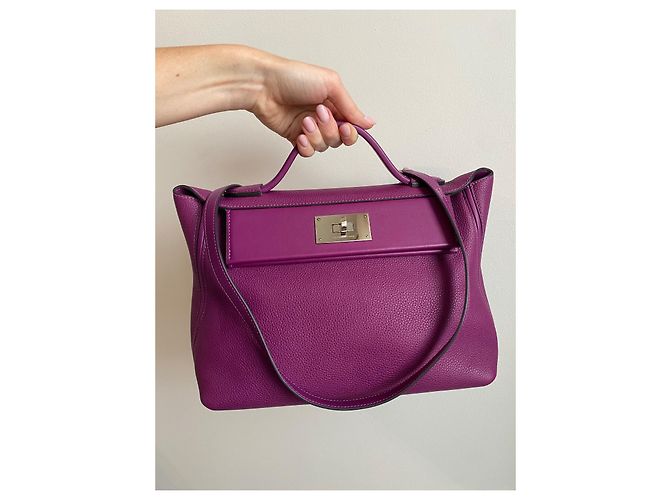 Kelly Borsa Hermès 24/24 in Pelle Clemence Anemone Fuschia - vista 10
