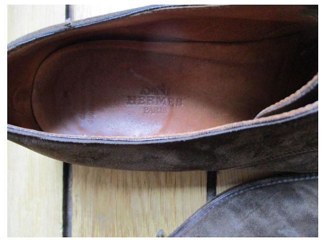 Hermès Scarpe derby in camoscio kaki Cachi - vista 4