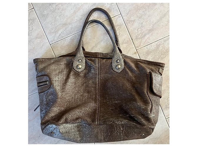 Sac Cabas Maliparmi en Cuir Écru Argenté Marron clair - vue 2