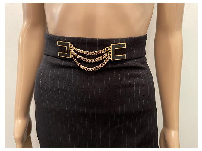 Saia lápis listrada preta Elisabetta Franchi com cinto dourado - vista 5