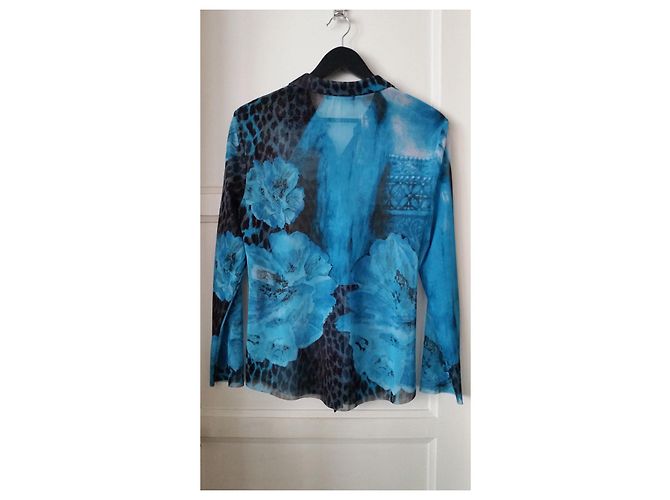 Autre Marque Camicia Garella in tulle mesh blu turchese e marrone a fiori Cioccolato - vista 2