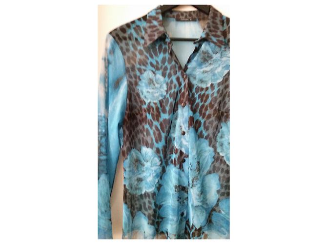 Autre Marque Camicia Garella in tulle mesh blu turchese e marrone a fiori Cioccolato - vista 3