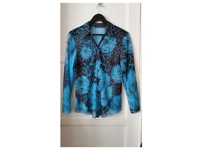 Autre Marque Camicia Garella in tulle mesh blu turchese e marrone a fiori Cioccolato - vista 5