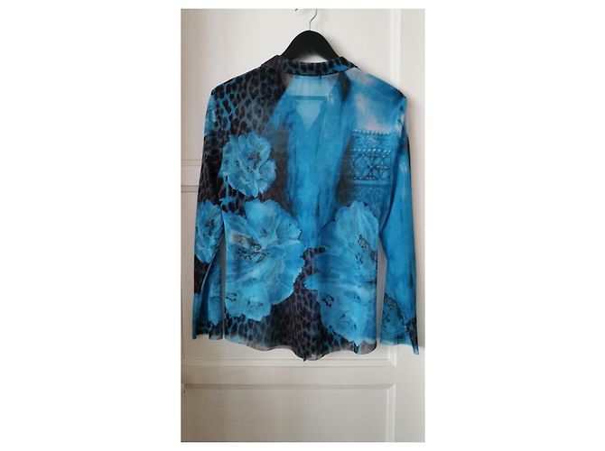 Autre Marque Camicia Garella in tulle mesh blu turchese e marrone a fiori Cioccolato - vista 6