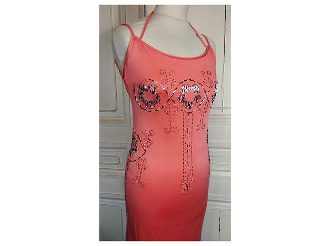 CACHAREL KLEID RÜCKEN SCHIEBENDE SCHNÜRUNG PERLEN CABOCHONS KLEID S 38 Pink Angeln - Ansicht 2