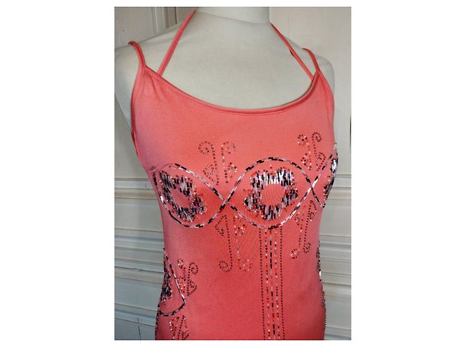 CACHAREL KLEID RÜCKEN SCHIEBENDE SCHNÜRUNG PERLEN CABOCHONS KLEID S 38 Pink Angeln - Ansicht 5
