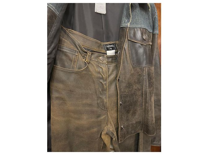 Chanel Queda de pista 2000 CALÇA DENIM DE COURO DE BEIFE Marrom Azul - vista 5