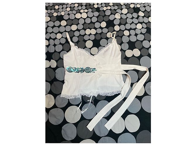 Top avvolgente Dior con paillettes bianco e blu in cotone - vista 13