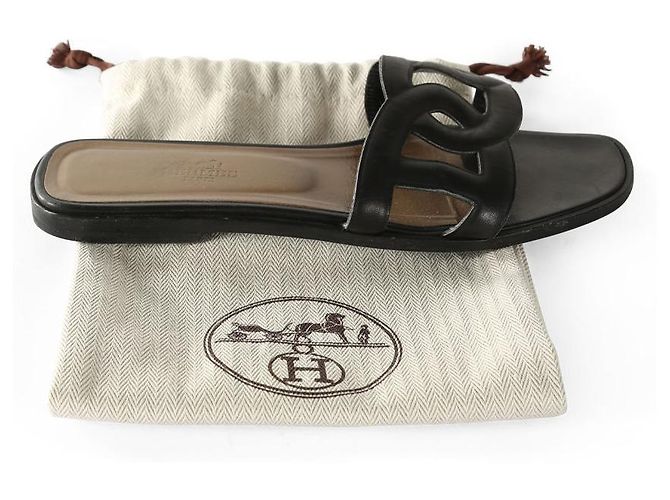 Hermès Hermes Black Nappa Leather Aloha Open Toe Slippers - view 8
