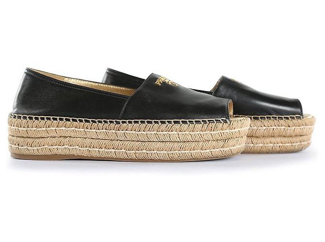 Double Prada Black Leather Peep Toe Braided Platform Espadrilles - view 2