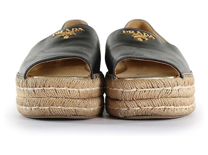 Double Prada Black Leather Peep Toe Braided Platform Espadrilles - view 3