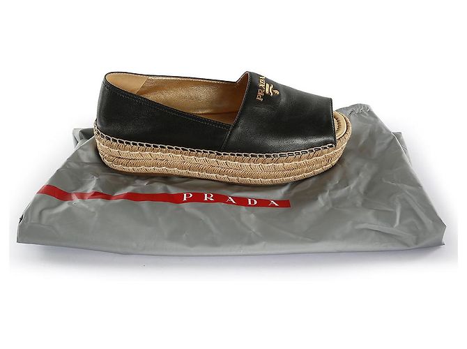 Double Prada Black Leather Peep Toe Braided Platform Espadrilles - view 8